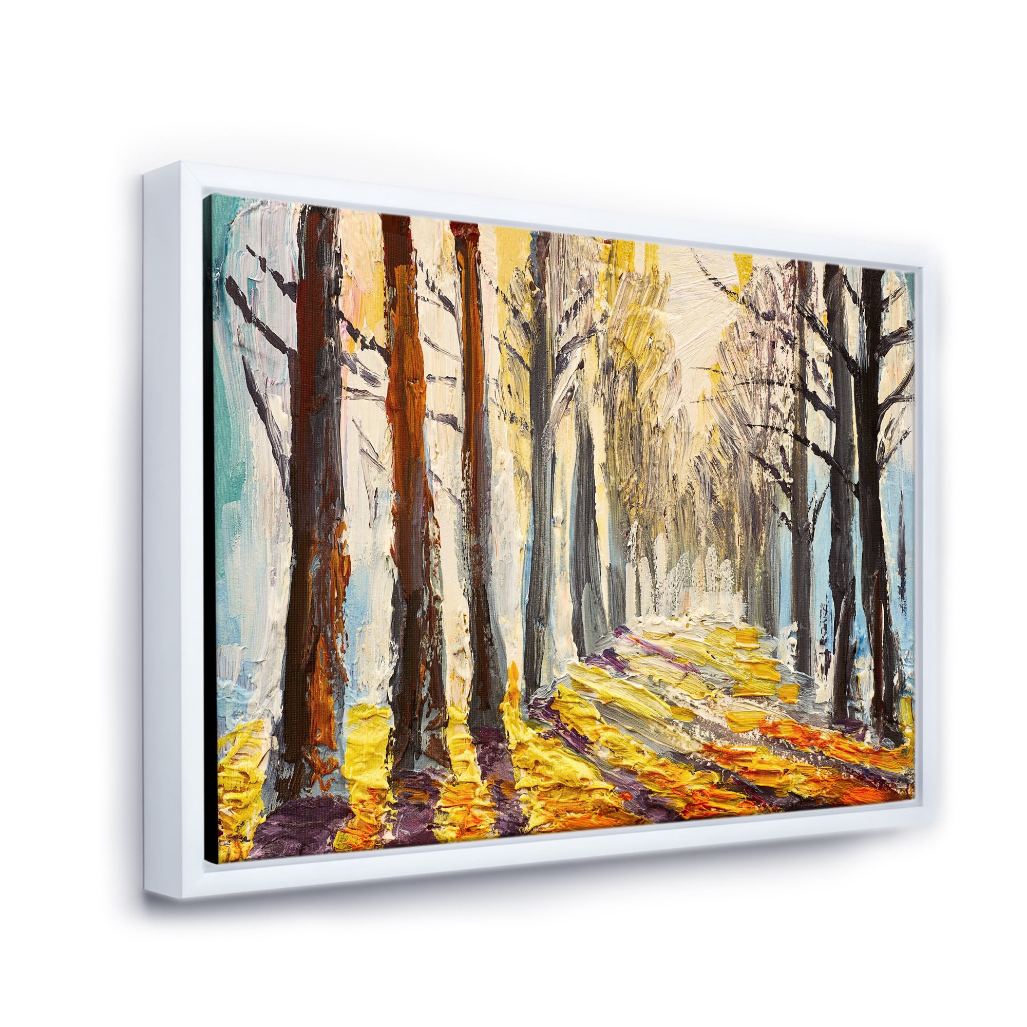 Morning Glow Through The Autumn Trees 32 in x 24 in Framed Painting Canvas Art Print, by Designart
