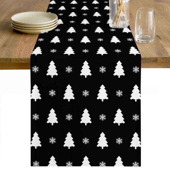 Christmas Tree Table Runner 60 Inches Long Farmhouse Dress Scarves, Black White Winter Xmas Snowflakes Dining Tablerunner for Coffee Table/Kitchen Island/Party Décor, 13" x 60"