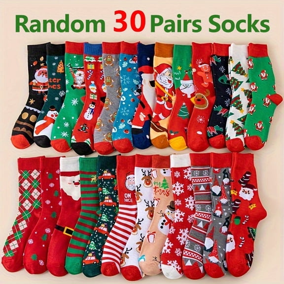 30 Pairs Random Christmas Stocking Fun Elk Snowman Santa Claus Christmas Tree Gingerbread Reindeer Warm Socks Cartoon Pattern Christmas Gift for Men and Women