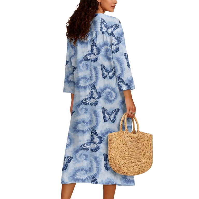 Renewold Blue Tie-dye Butterfly Print Teal Women Long Sleeve Midi Dress Soft Skin-friendly Linen-Look Polyester Maxi Dresses Oversized Dress for Women