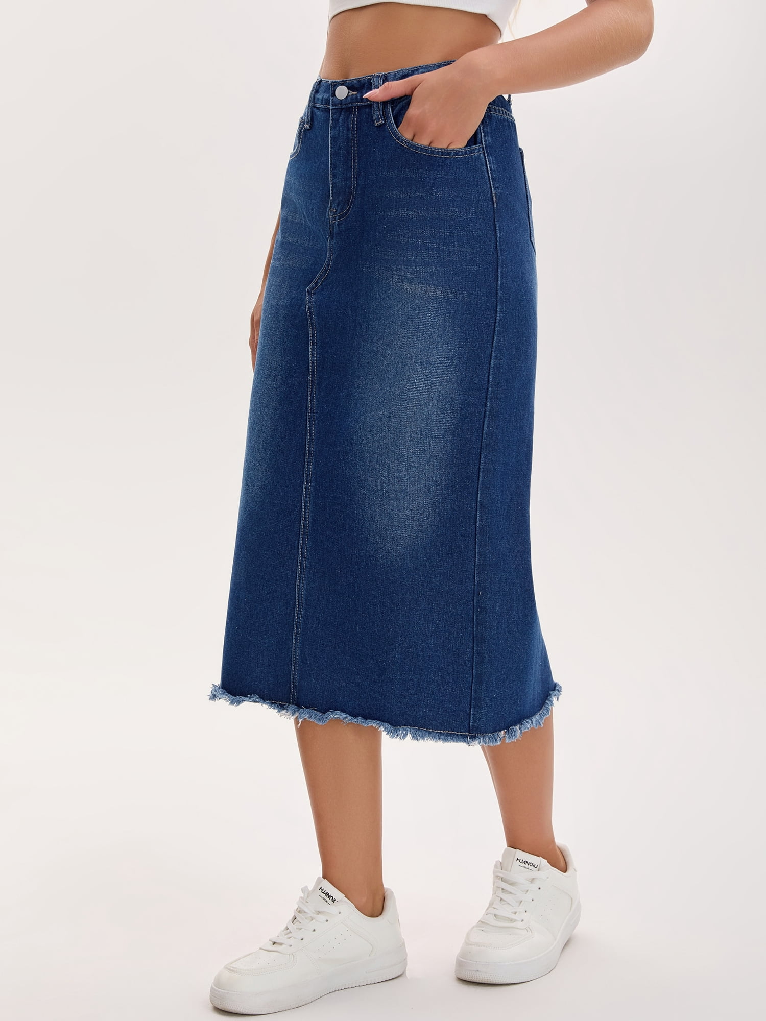DARING DIVA Women's Long Denim Split Back Pockets Maxi Jean Skirts Medium Deep Blue