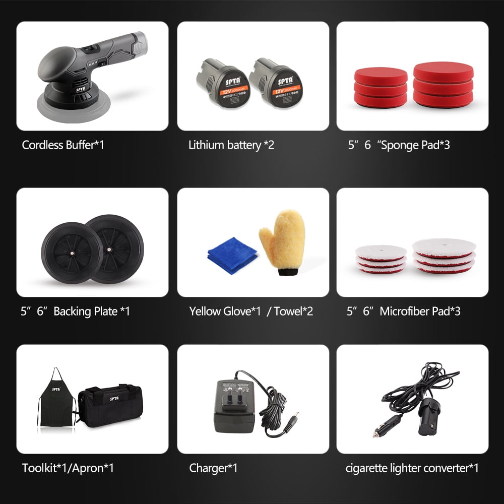Cordless Car Buffer Polisher, SPTA Polisher with 2Pcs 12V Lithium Rechargeable Battery Brushless Polisher with Variable Speed, Portable Polisher with Polishing Pads Kit For Waxing