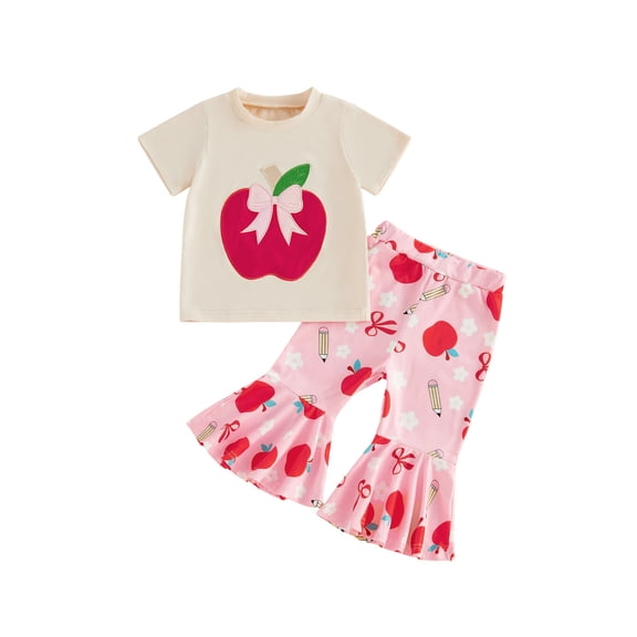 BemeyourBBs Toddler Baby Girl Back to School Outfit Kids Kindergarten Outfits Toddler Baby Girl Summer Clothes Short Sleeve Apple Embroidery TShirt Tops and Bell Bottom Flare Pants Set