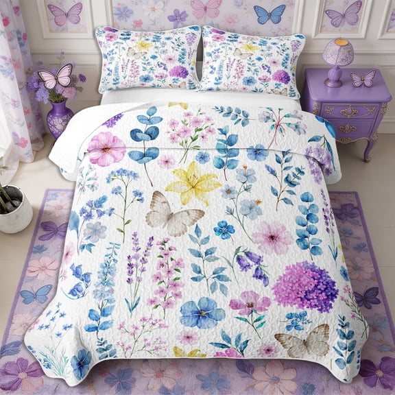 Manfei Botanical Flower Butterfly Twin Quilt Set 2 Pieces,Spring Garden Twin Coverlet Set,1 Bedspread and 1 Pillowcase
