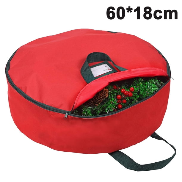 Bolsa de almacenamiento para coronas Laklulu con asas Fabricada en material de poliéster Oxford 600D Bolsa de almacenamiento para coronas navideñas de 60 cm de diámetro (rojo/verde)