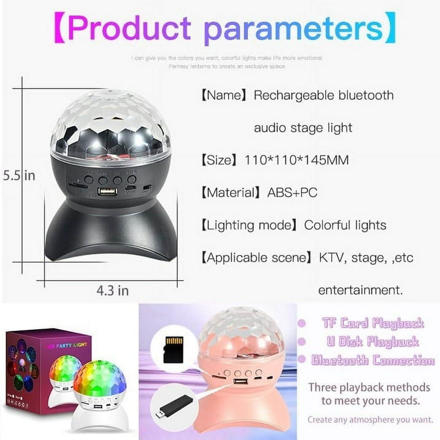 Disco Ball Light, DJ Strobe Light with Bluetooth Speaker RGB Stage Lights, Portable Crystal Party Lights for Xmas KTV Club Pub Show Home Theater