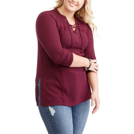 Juniors' Plus Thermal Knit Lace Up Top