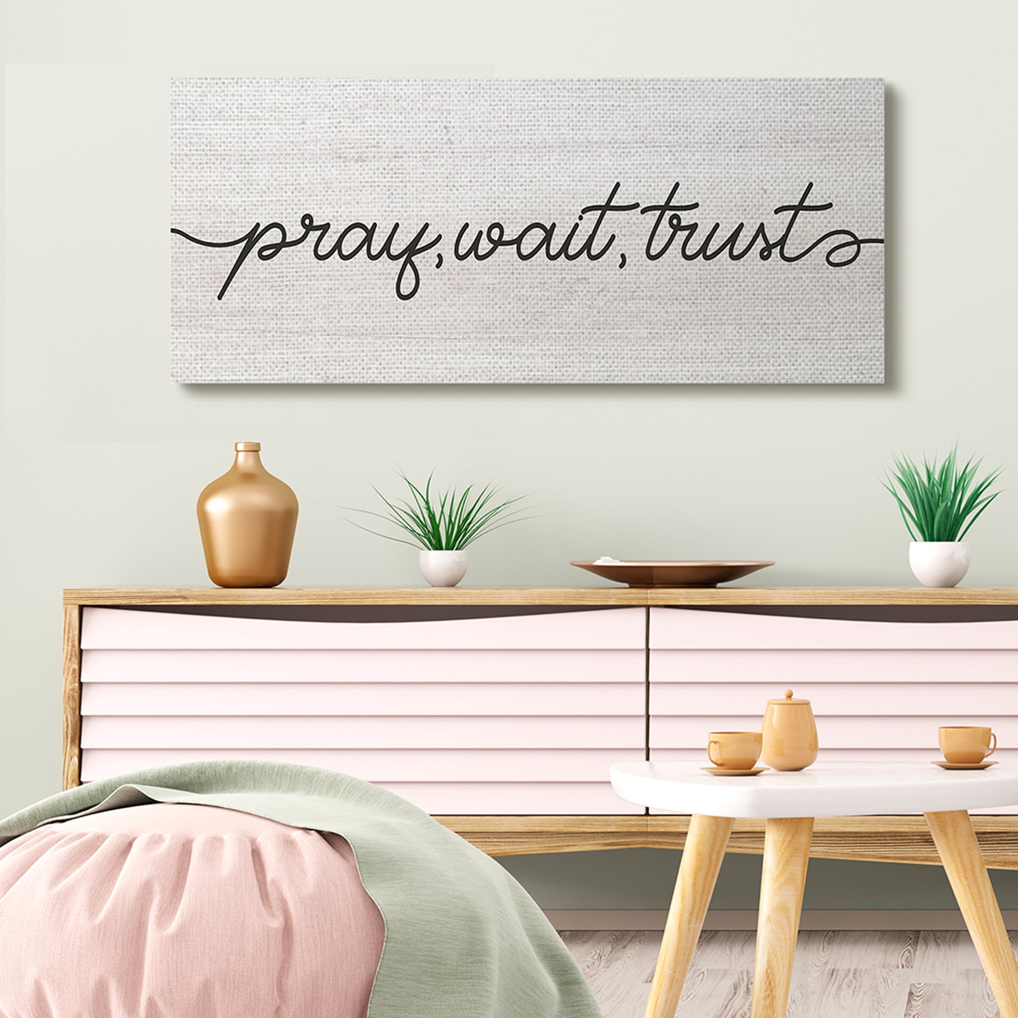 Stupell Industries Pray Wait & Trust Phrase Soft Fluid Typography Inspirational Painting Gallery Wrapped Canvas Art Print Wall Art, 20 x 48
