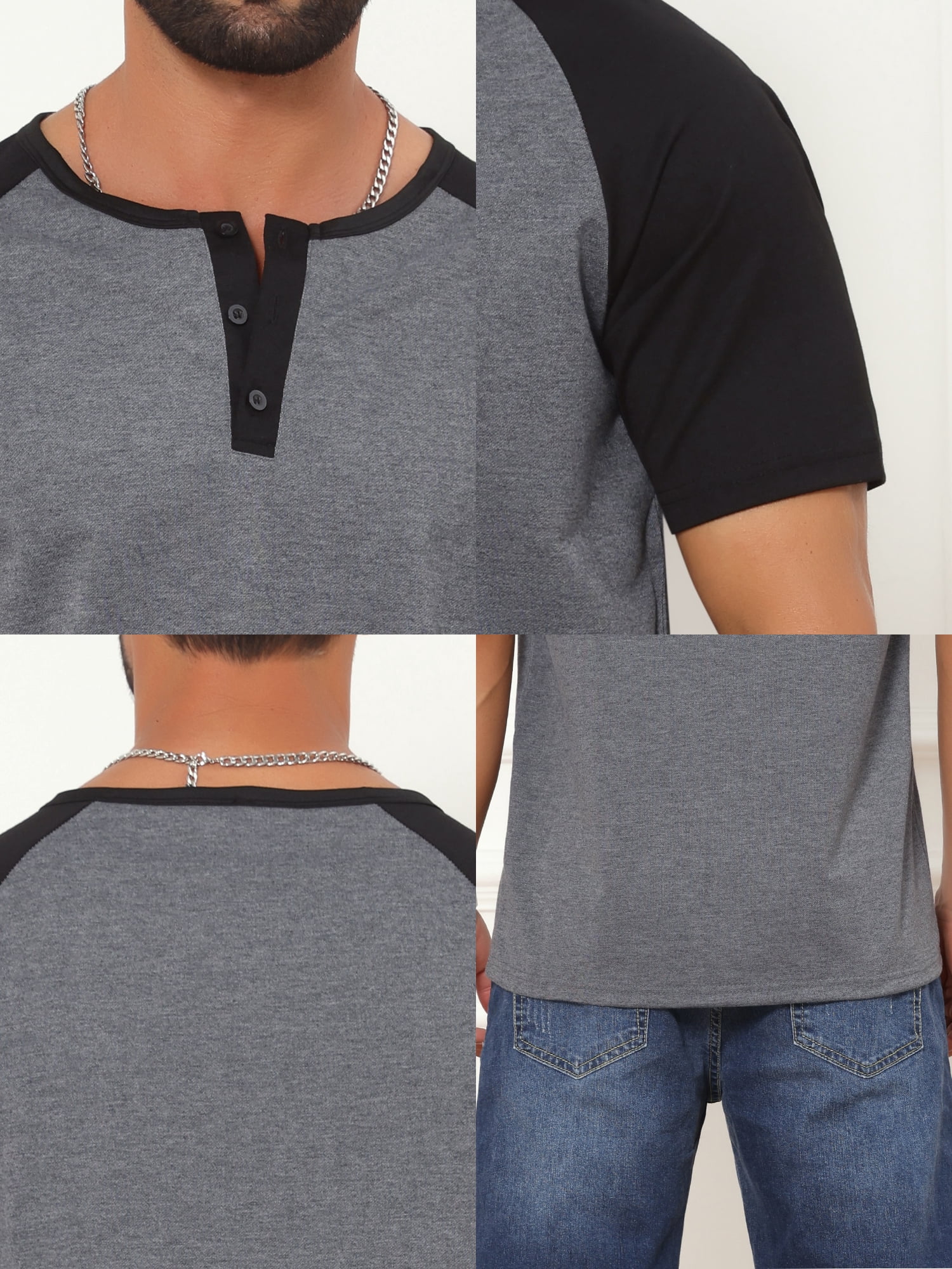 DARING DIVA Men's Henley Button Down Color Block Short Sleeve T-Shirt M Dark Gray