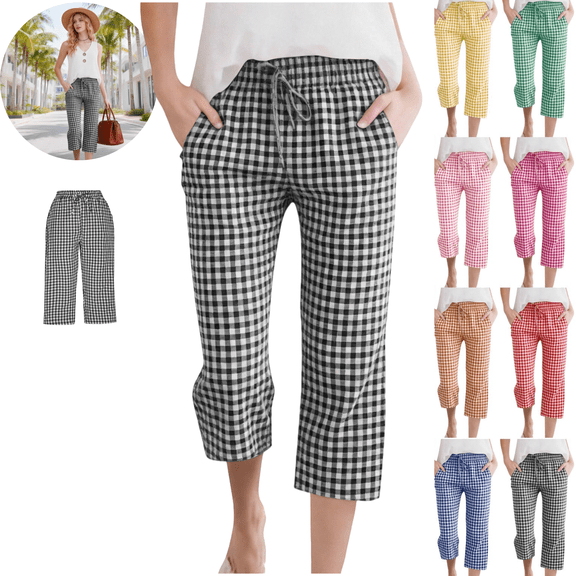 Gamivast Womens Capri Pants Gingham Plaid Print Dstring Elastic Waist Checkered Pants Summer Cropped Pants Pockets Loose Fit Beach Casual Wear
