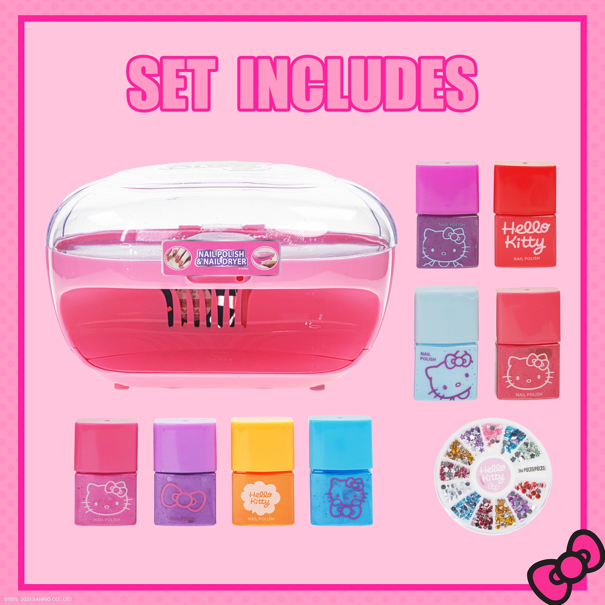 hello kitty nail polish and accessories set with nail dryer, kids, girls ages 3+