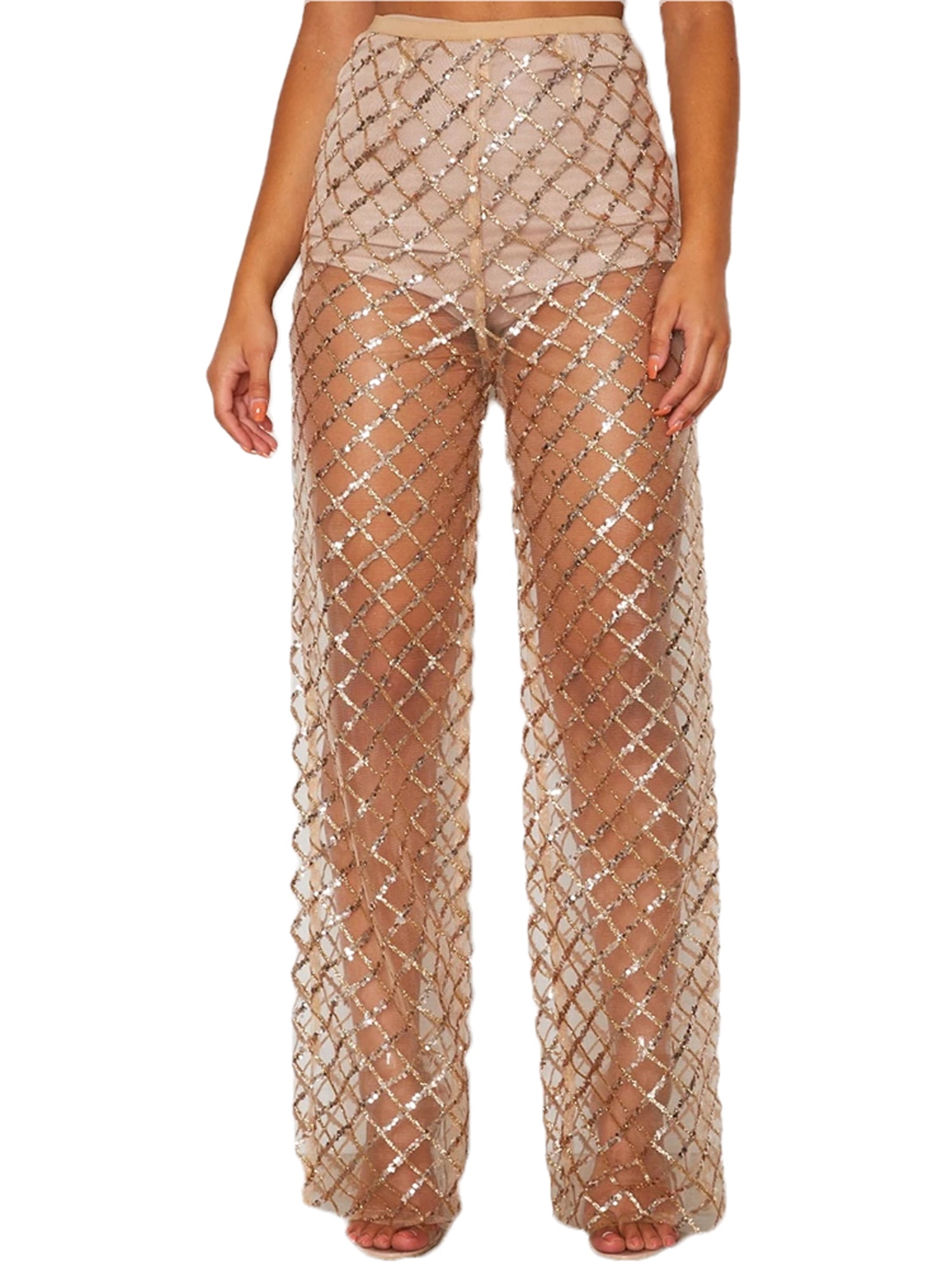 Women Hollow Out Pants Rave Mesh Sheer 