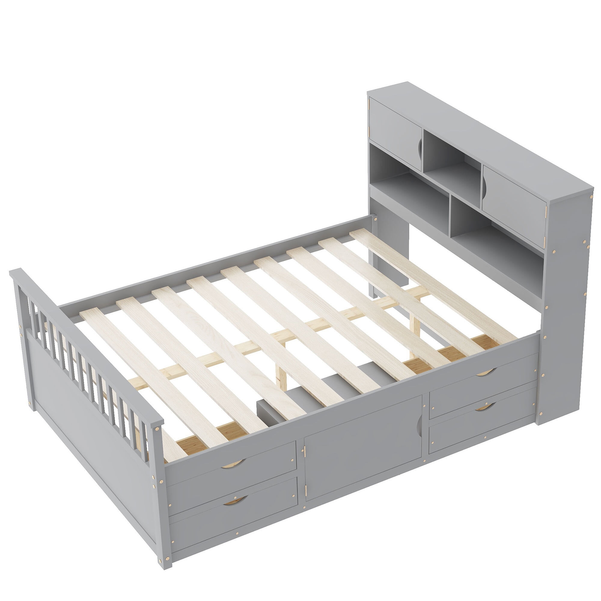 Euroco Wood Full Size Platform Bed with Storage Headboard, Captain Bed with 4 Drawers, Bookcase and Cabinets, Gray