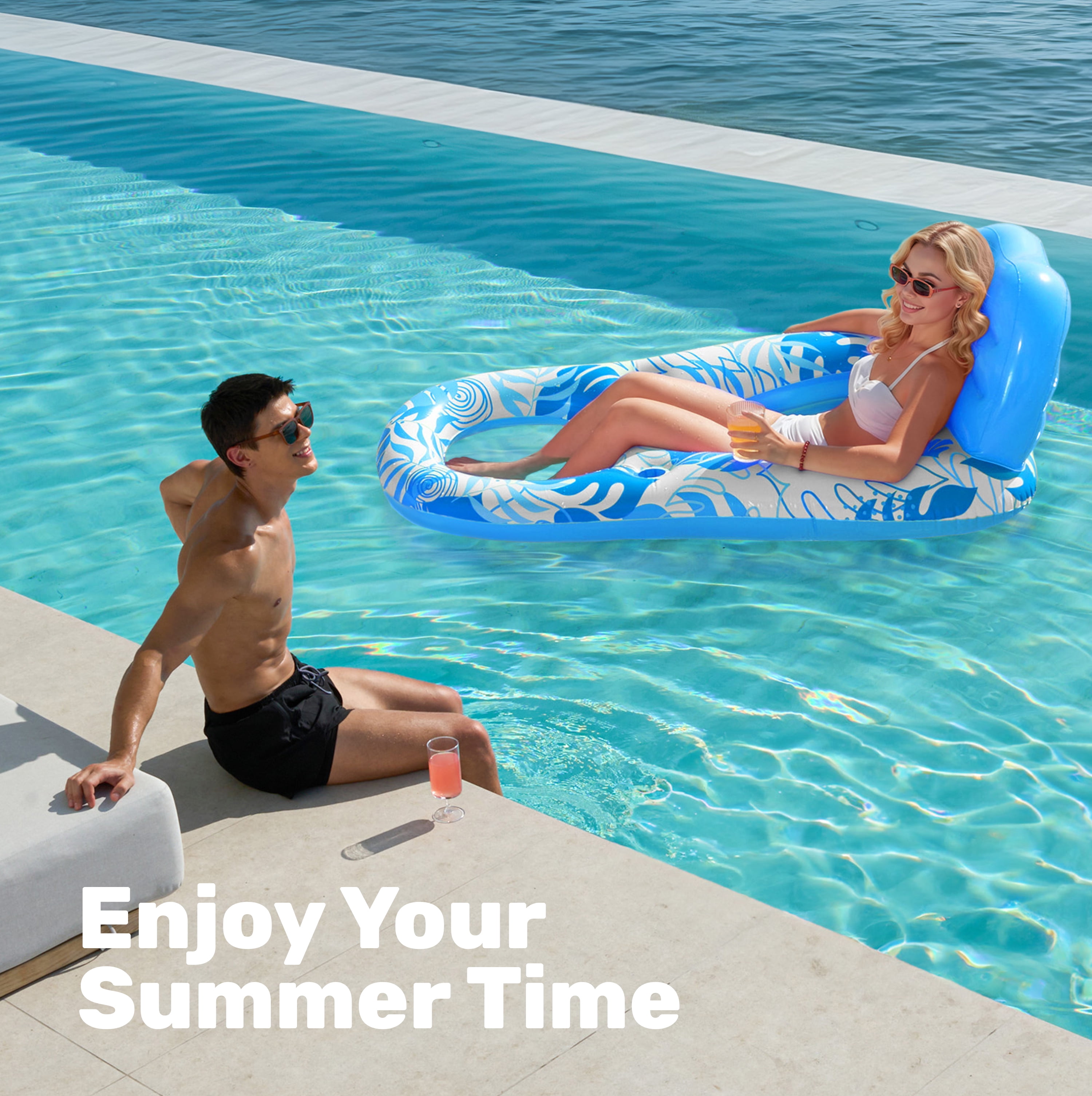 Joyfy Pool Lounge Float Adult, Inflatable Pool Floats Lounger Raft Floaties Water Floating Recliner Chair with Cup Holders Foot Rest Swimming Pool Floaty