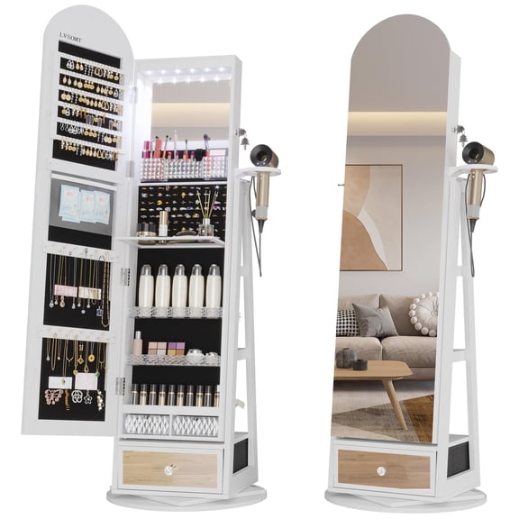White Standing Jewelry Armoire with Arched Full-Length Mirror, LED