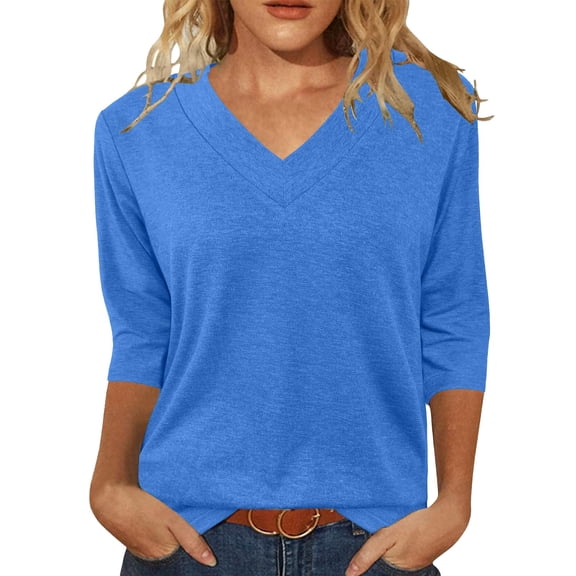 Long Sleeve Shirts For Women Tops 3/4 Length Sleeve Summer V Neck Shirts Casual Tunic Tops Womens Long Sleeve Tops