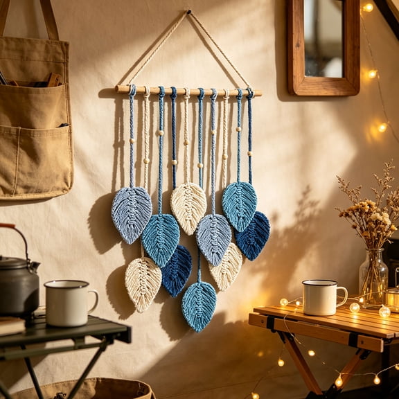 Macrame Wall Hanging Boho Woven Tapestry Chic Home Decor Wall Art,Modern Bohemian Handmade Leaf Feather Decoration for Apartment Dorm Living Room Bedroom 15.7"W X26.7"L