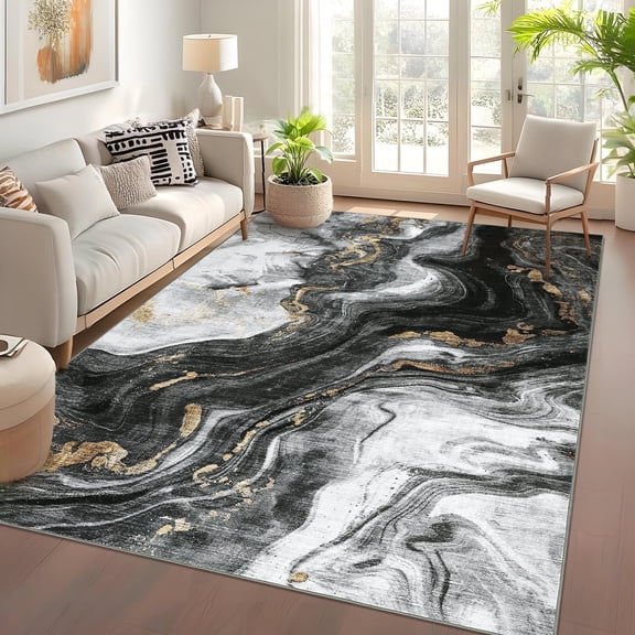 Garvee 9'x12' Modern Abstract Area Rug Washable Living Room Rug, Stain-Resistant Contemporary Soft Accent Carpet Non-Slip Low Pile Colorful Rugs for Bedroom Dining Room Home Decor, Black