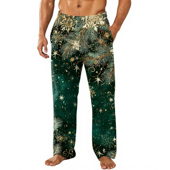 Wutalume Men's Allover Printed Home Pants with Christmas Design, Made for Sleep and Pajama Use, Featuring Soft Fleece and Pockets for Comfort,Army Green L