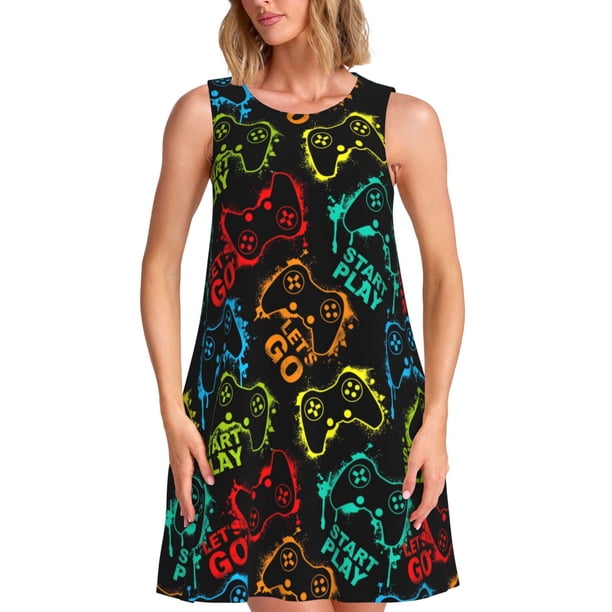 Balery Play Game Start Vestidos de verano para mujer con estampado: vestido holgado sin mangas, vestido playero informal y cómodo para días calurosos.