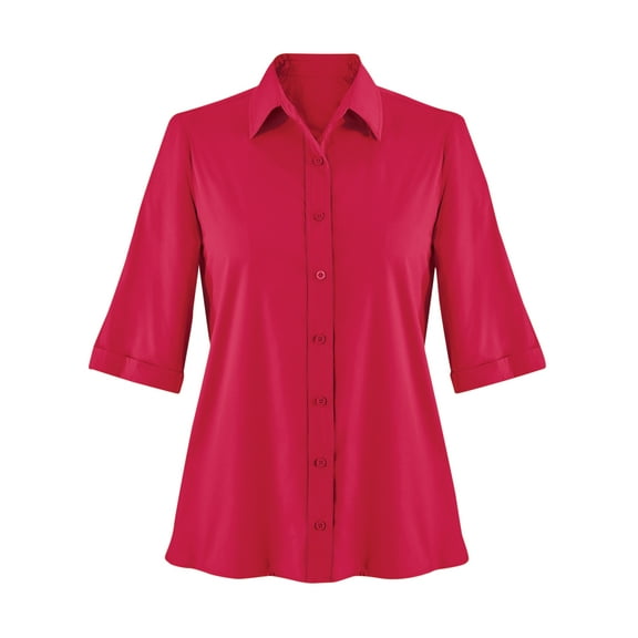 Collections Etc Women's Poplin Weave 3/4 Sleeve Button-Front Stylish Polo Shirt | Royal Blue, Red, White or Lilac | Machine wash | Cotton and polyester