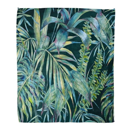 SIDONKU Throw Blanket Warm Cozy Print Flannel Natural Leaves Exotic Watercolor Green Tropical Ferns Dense Jungle Hand Comfortable Soft for Bed Sofa and Couch 58x80 Inches