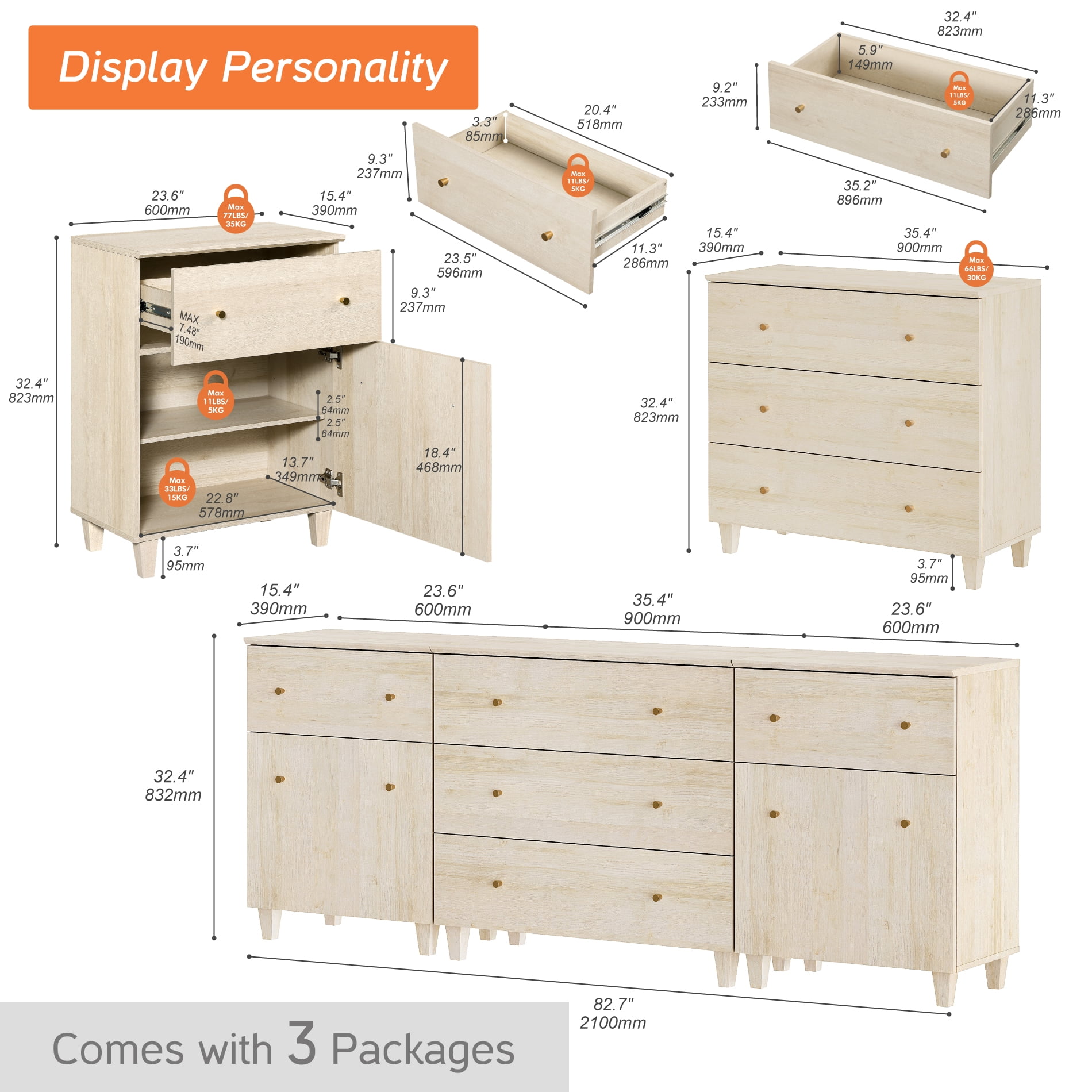 Modern TV Stand For Tvs Up To 120 Inches, 4 In 1 TV Console With Glass Doors And 2 Drawers, Media Console With Adjustable Shelf For Living Room,Oak