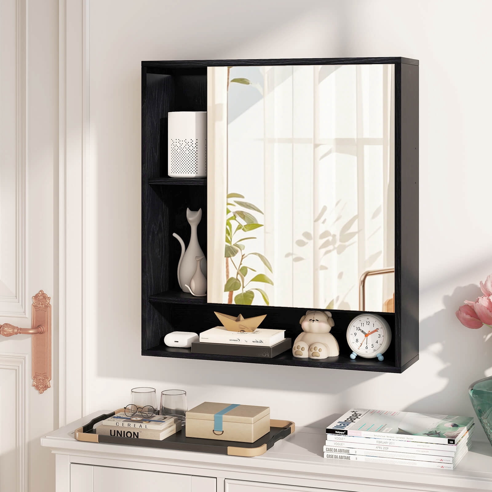 Costway Bathroom Wall Cabinet with Mirror, Single Door, 3 Open Shelves & Adjustable Shelf Black