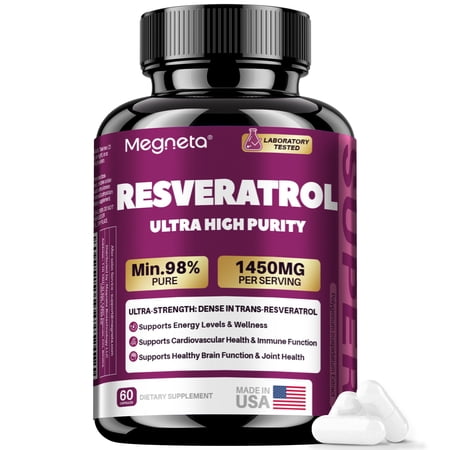 Megneta Trans-Resveratrol 1450mg, 98% Ultra High Purity Polygonum Cuspidatum Extract, Vegan Antioxidant Supplement for Healthy Aging, Heart, Brain & Joint Support, 60 Capsules