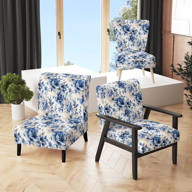 Designart "Neo-Classical Splendor In Cobalt Blue" Blue Floral Upholstered Accent Chair - Cottage Arm Chair For Bedroom