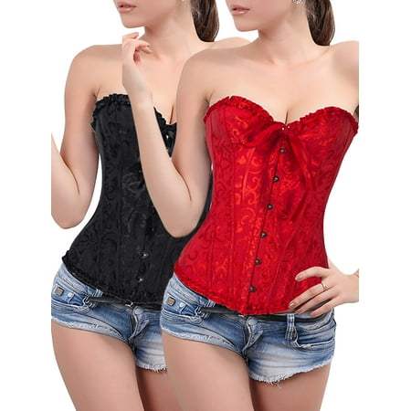 

DODOING 2 Packs Women s Satin Lace up Overbust Corset Tummy Control Slimmer Body Shaper for Women Hooks Steel Boned Top + G-string S-6XL