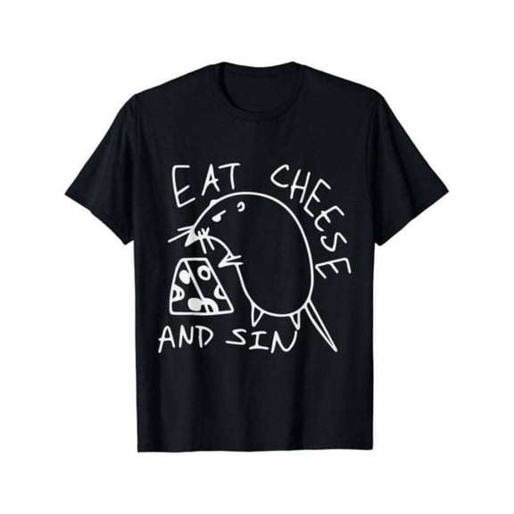 Funny Eat Cheese and Sin Novelty Street Art Graphic Tee T-Shirt Tops，Pattern printing，Round neck，Causal，cotton，black，S-5XL