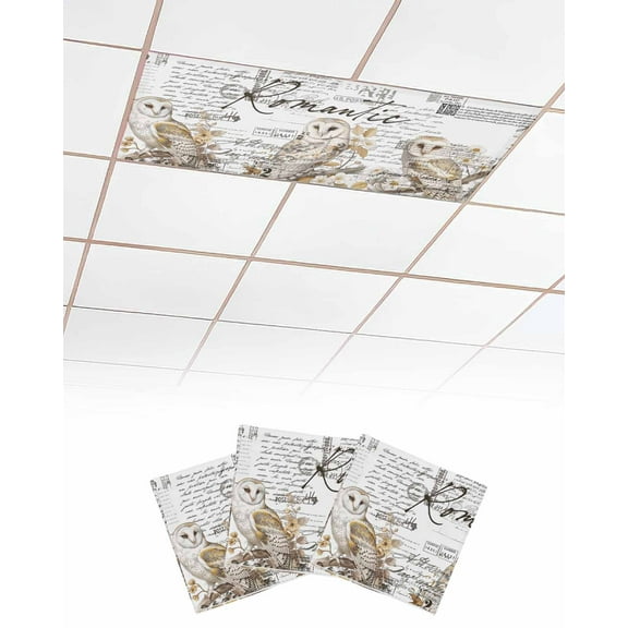 Fluorescent Light Covers for Ceiling Lights 3 Pack, Vintage Owl Magnetic Ceiling Light Covers 2x4ft for Classroom Office School, Rustic Sping Floral Botanical Postmark Drop Ceiling Light Shade