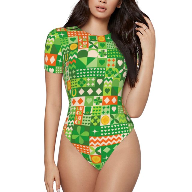 Balery St Patrick's Day6 Body de cuello redondo de manga corta para mujer Tops de manga corta Tops básicos-Small