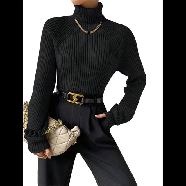 Suéter de Punto Acanalado con Cuello Alto para Mujer, Ropa de Moda. Negro XL