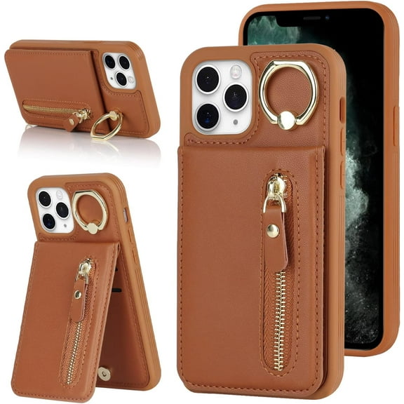 iPhone 11 pro max Case with Card Holder for Women, iPhone 11 pro max Phone Case Wallet with Credit Card with Ring Kickstand Zipper Shockproof Slim Stand Case for iPhone11promax - Brown