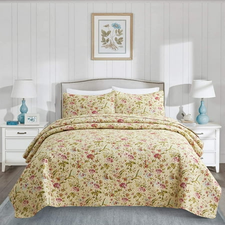JML Beige Floral Microfiber Quilt King - Easy Care (3 Count)