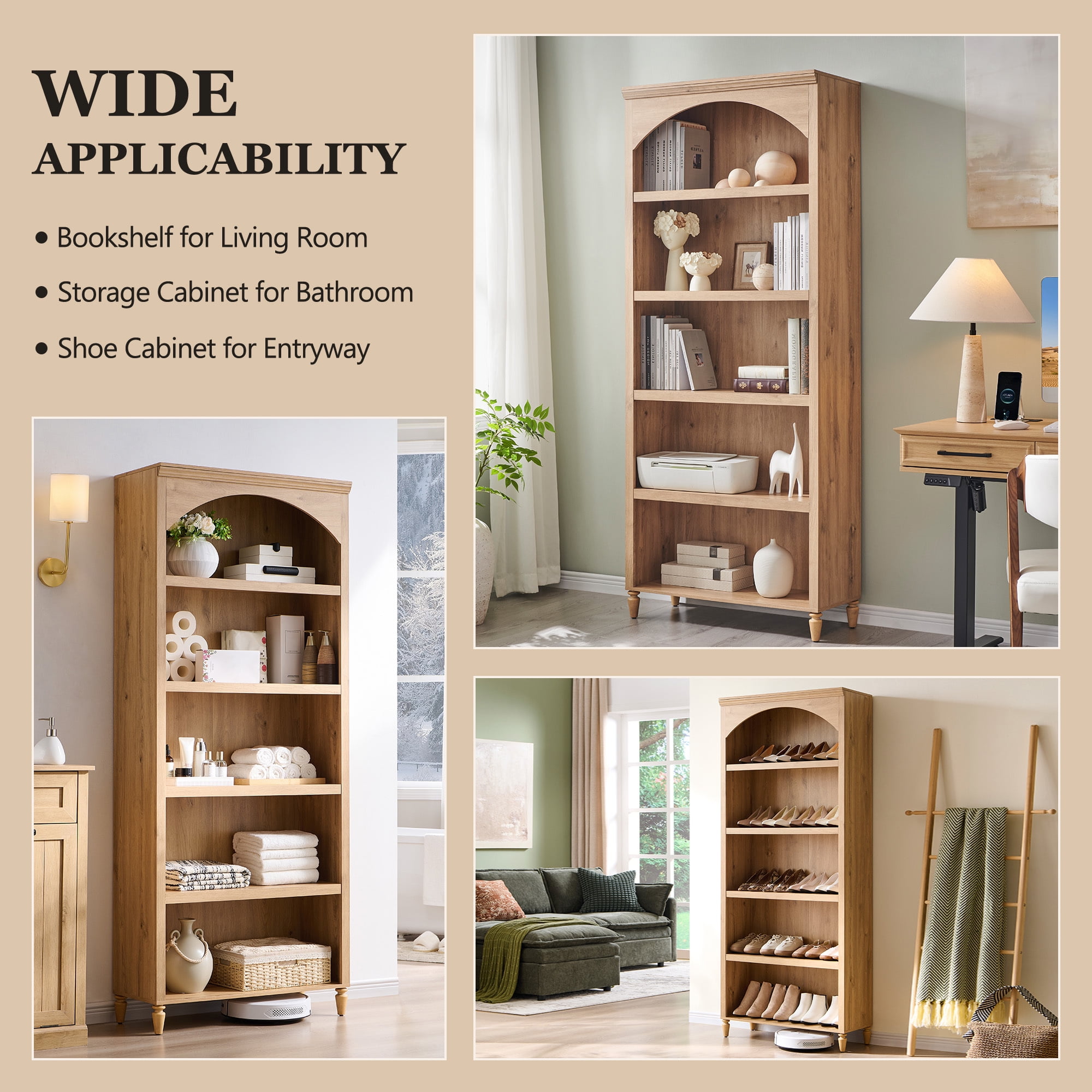 SinCiDo Tall Arched Bathroom Storage Cabinet with Adjustable Shelves, 5-Tier Bathroom Cabinet for Bathroom, Kitchen, Living Room, Natural