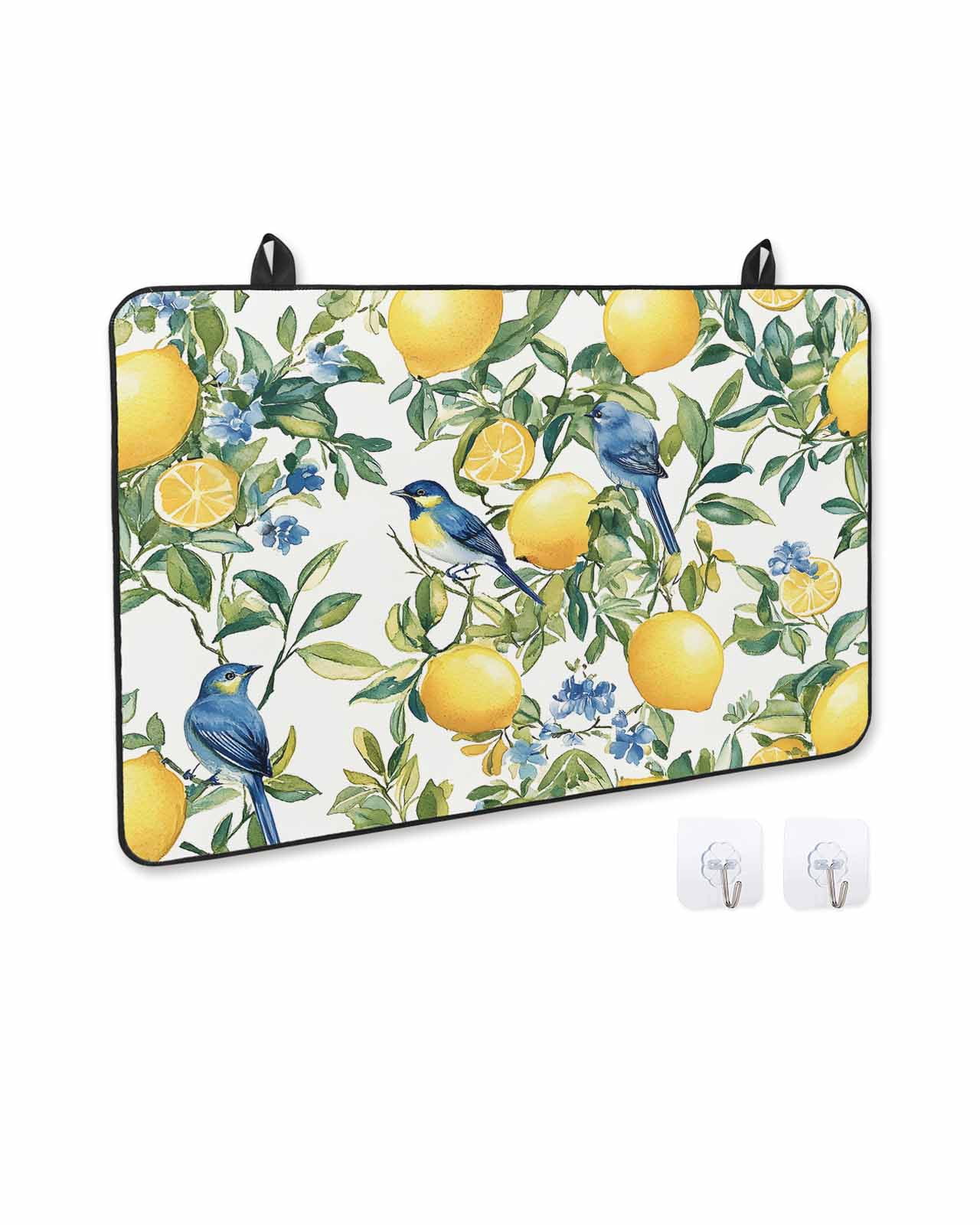 nqOlkjepod Large Induction Cooktop Protector Mat 36"x21", Botanical Lemon Stove Top Covers for Electric Stove, Watercolor Blue Birds Green Leaves Stove Burner Cover Mats, Glass Top Stove Cover