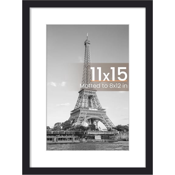 11x15 Picture Frame, Display Pictures 8x12 with Mat or 11x15 Without, Wall Hanging Photo Frame, Black, 1 Pack