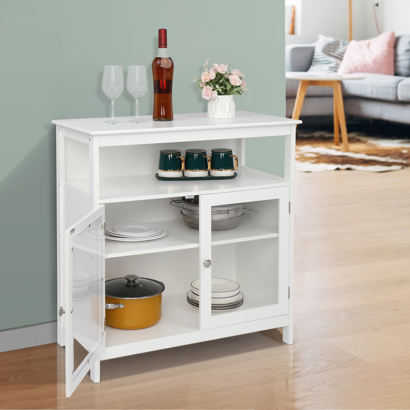 Kepooman Contemporary Sideboard, Transparent Double Doors Buffet Credenza With Middle Storage Layer MDF NC Spray Paint Sideboard, White Kepooman Contemporary Sideboard, Transparent Double Doors Buffet Credenza With Middle Storage Layer MDF NC Spray Paint Sideboard, White