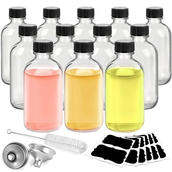 ECP Glass Bottles with Lids and Funnels, 12 Pack 2oz Mini Tavel Bottles-Leakproof Boston Round Glass Bottles for Diy Essential Oils, Perfumes, Cosmetics-Travel Essential