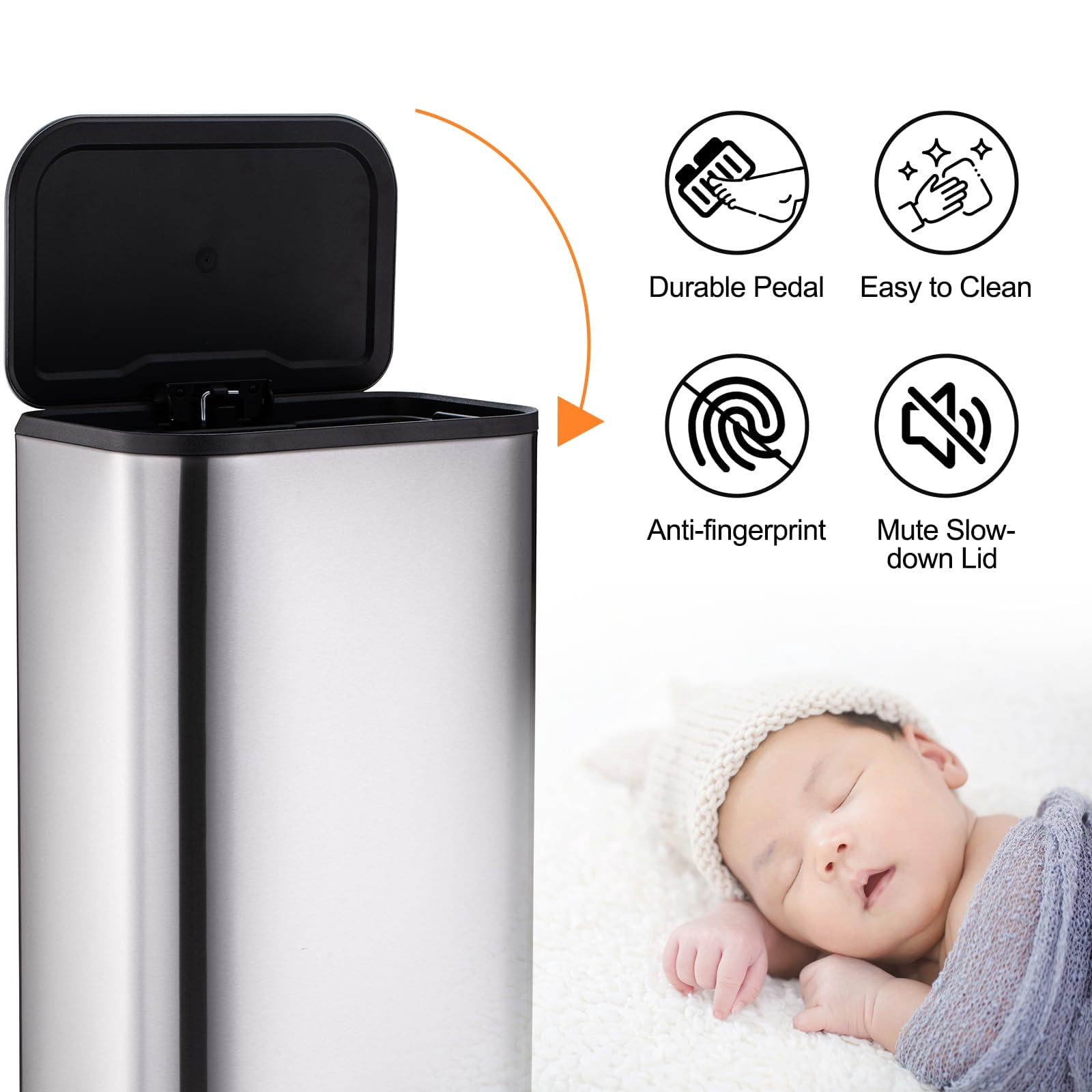 Stainless Steel Trash Can, Rectangular 12/20/30/50 Liter Step-On Garbage Can Featuring Quiet Close Lid, Foot Pedal, and Inner Bucket for Kitchen, Home, Office, Bedroom, and Living Room