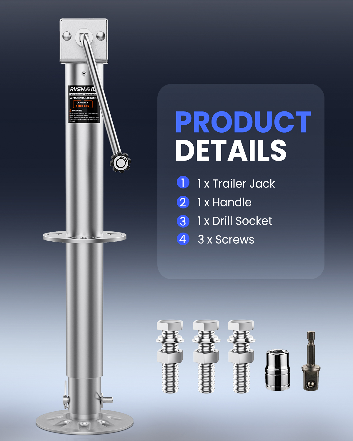 5000 lbs Heavy Duty Trailer Jack, 23" Lift, 20-24V Cordless Drill Compatible, for RV, Boat, Yacht & Utility Trailers, with Manual Crank Handle & Weatherproof Cover, Sliver