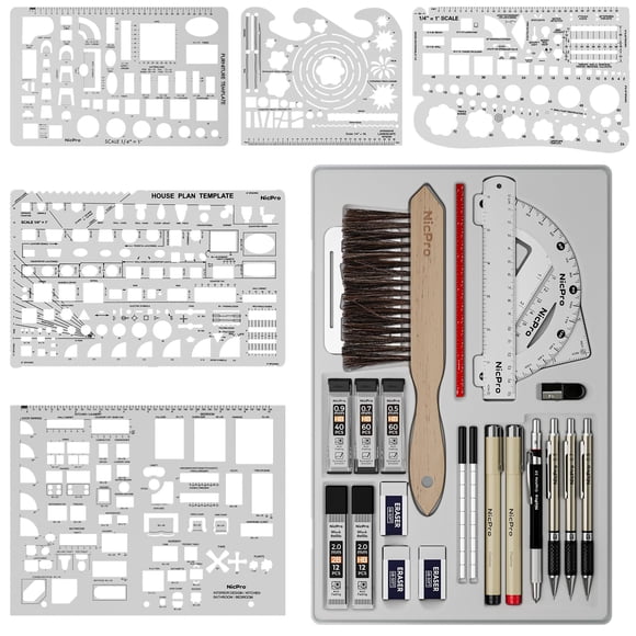 Nicpro 30 Pcs Outils de Dessin Professionnels & Ensemble de Géométrie avec Étui, Ensemble de Rapporteur d'Architecte, Crayons Mécaniques en Métal, Stylo, Règle d'Échelle Règle en Métal