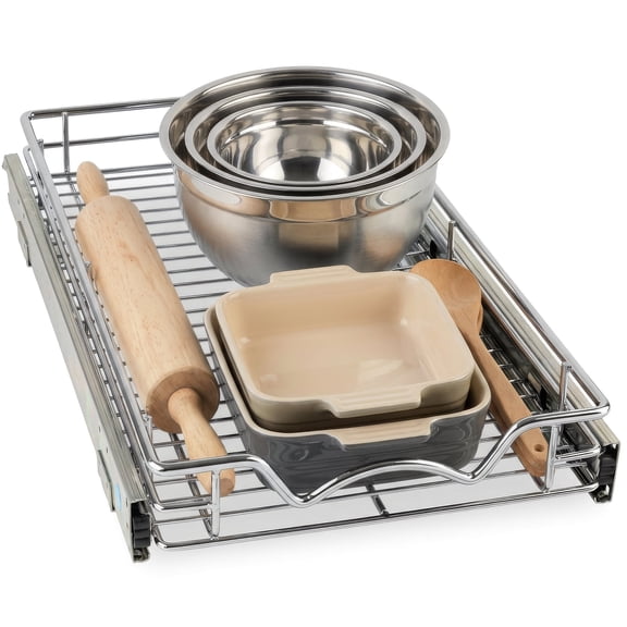 HOLDN' STORAGE Pull Out Cabinet Organizer, Heavy Duty 11" W x 17" D Chrome Steel Basket, 50 lb Capacity, Requries 12.25 Cabinnet Openning