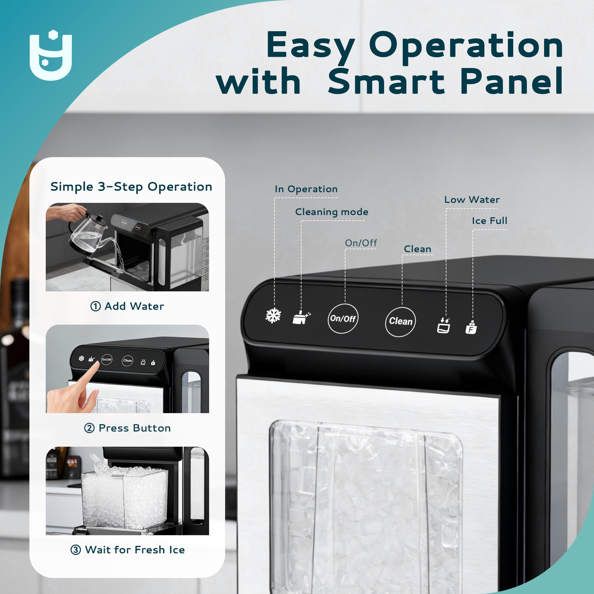 EUHOMY Countertop Nugget Ice Maker with External Water Tank, 26lbs/24H Chewable Ice Machine, Touch Control, Stainless Steel