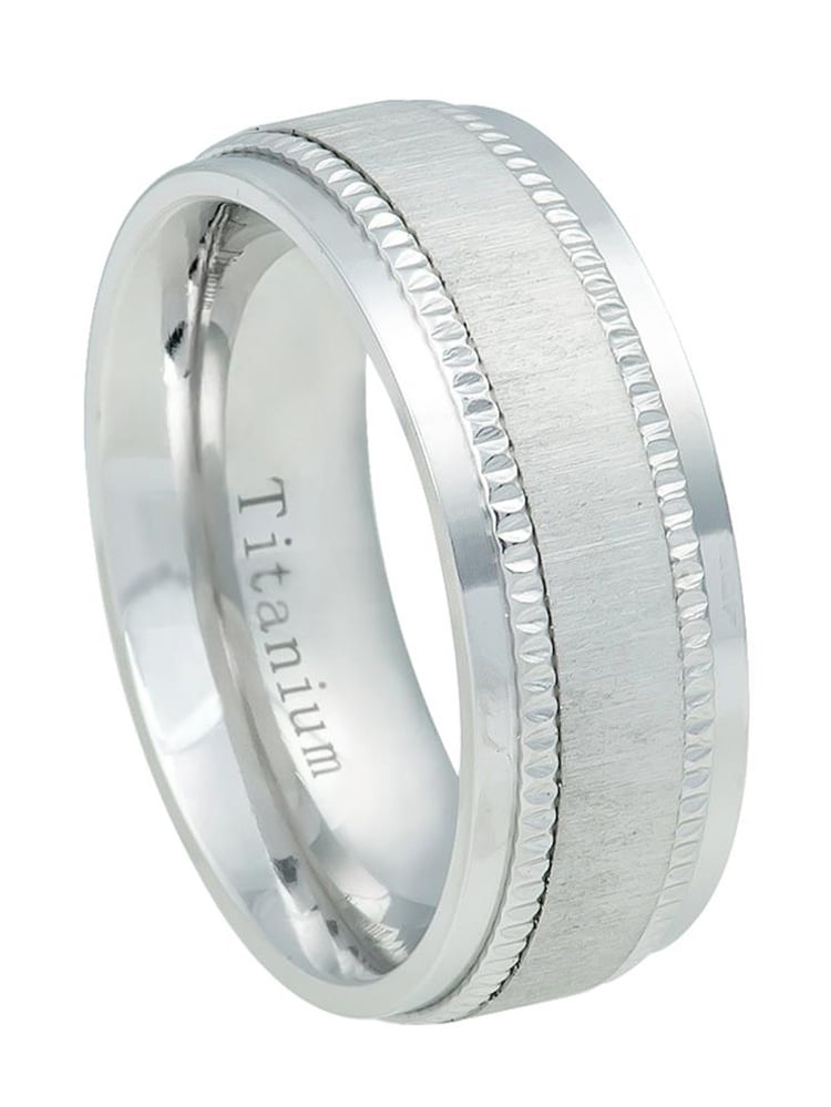 Tungsten Jeweler 8mm White Titanium Satin Finish Center with Milgrain Step Edge Wedding Band Ring for Men Or Ladies 