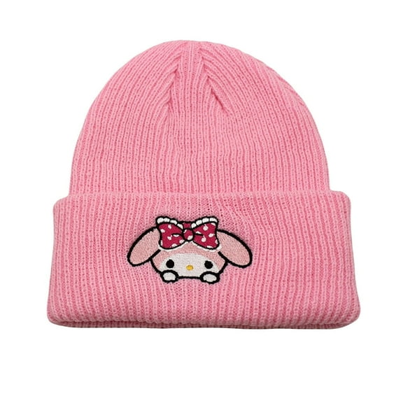My Melody Anime Catoon Knitting Hat - Fleece-Lined Acrylic Beanie, Cute Kawaii Embroidery Trapper Cap for Women Men Unisex