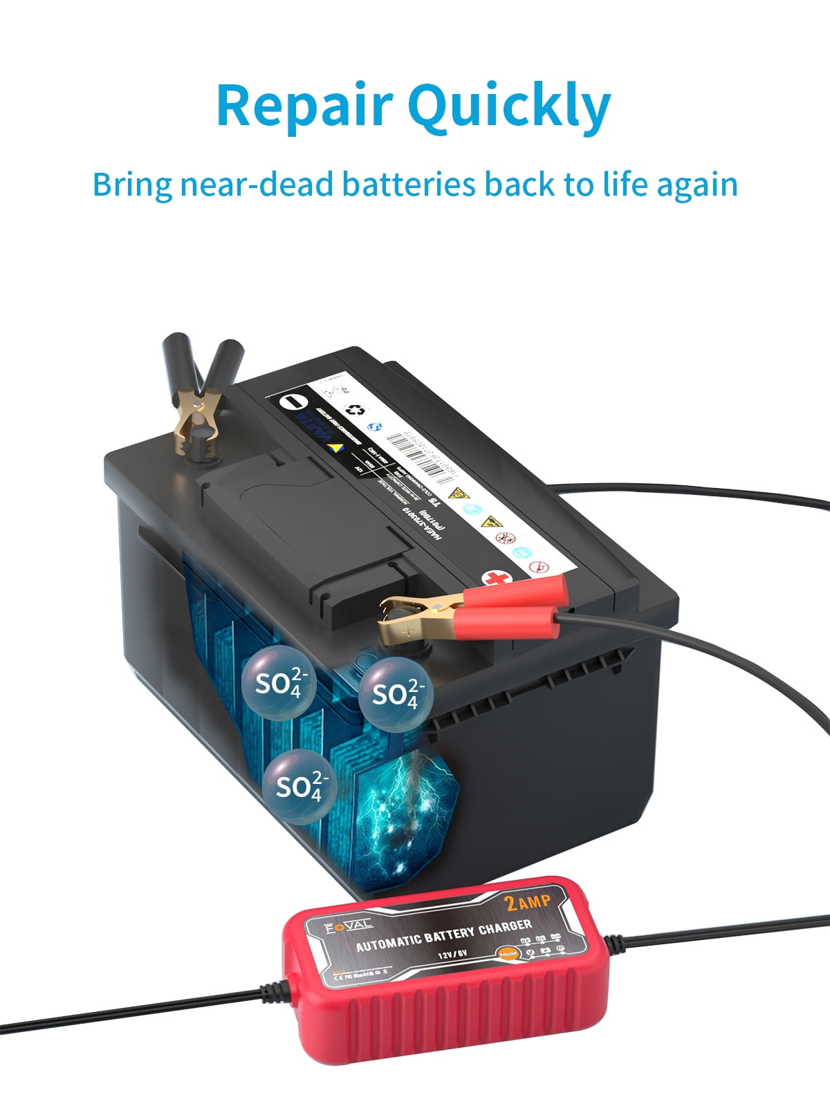 FOVAL 2-Amp Automatic Battery Charger, 6V and 12V Smart Car Battery Charger Maintainer, Trickle Charger and Battery Desulfator for Motorcycle, ATV, Boat, Lawn Mower Lead Acid Batteries [2-Pack]
